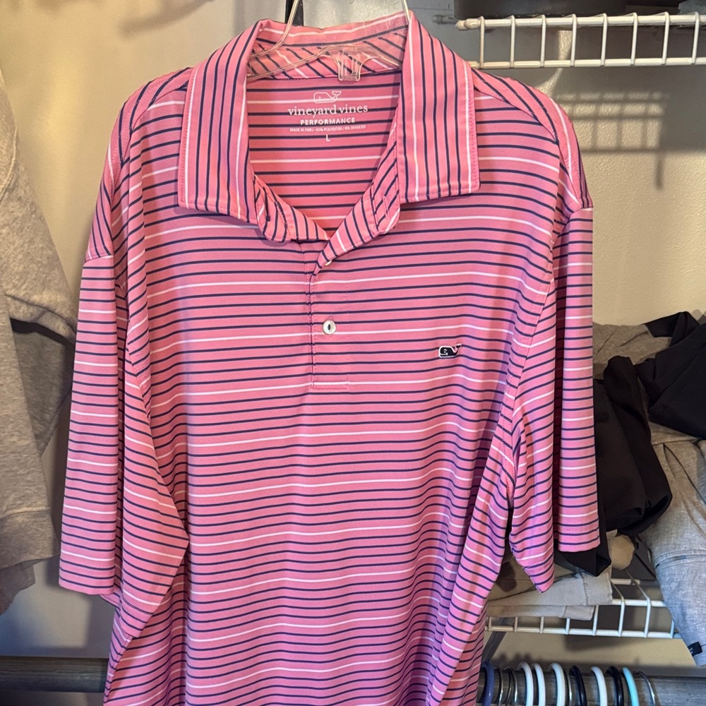 Vineyard Vines Men's Pink and Black Striped Performance golf polo.